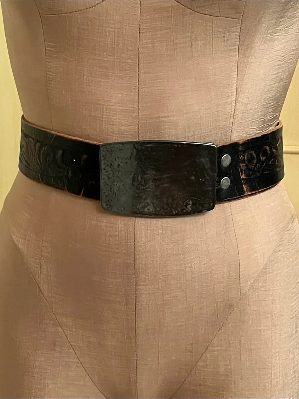 BRAVE Men's Italian Leather Hammered Rectangle Buckle BRN/BLK Tooled Belt 32